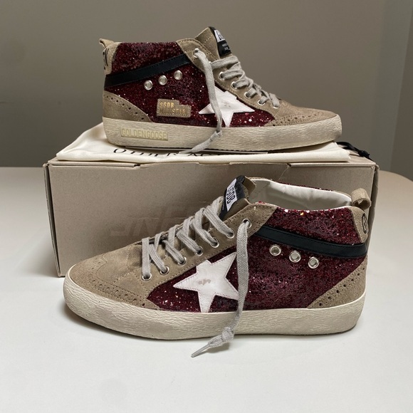 Golden Goose Mid Star Sneaker in Burgundy Glitter/Gray Suede sz 40 New in Box - Picture 4 of 13